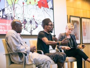 Panel discusssion featuring from left to right: Tutu Alicante, Ramón Nsé Esono Ebalé and Emily Burrill