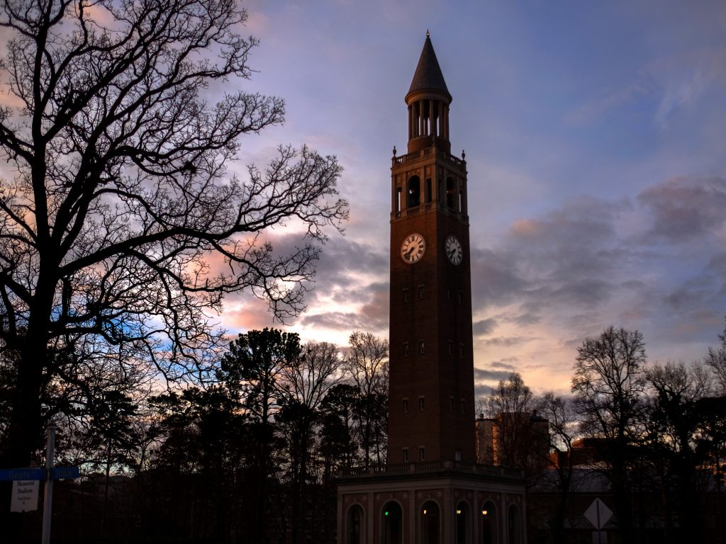 UNC bell tower during winter sunset