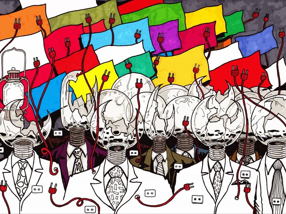 Drawing of men in suits with light bulbs as heads and colorful flags in the background