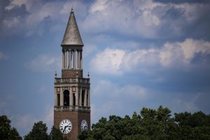 Sky view of the Morehead-Patterson Bell Tower on the campus of the University of North Carolina at Chapel Hill