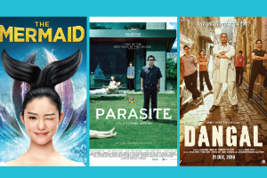Movie posters of Mermaid, Parasite, and Dangal