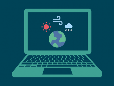 Graphic of a laptop. On the screen is a globe with icons of a sun, wind, and raincloud to symbolize climate.