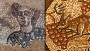 Two photos of different Huqoq synagogue mosaics. The left shows a man, who is an Israelite commander. The right one depicts a fox eating grapes.