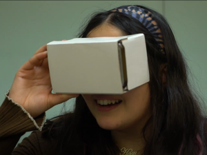 Person holding a cardboard box up to her eyes.