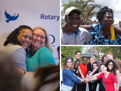 Three photos in a grid, showing people hugging, smiling.